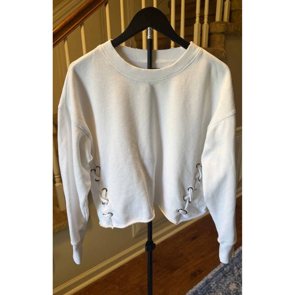 Aerie White Lace Up Side Grommet Cropped Sweatshirt Womens S Hem French Terry